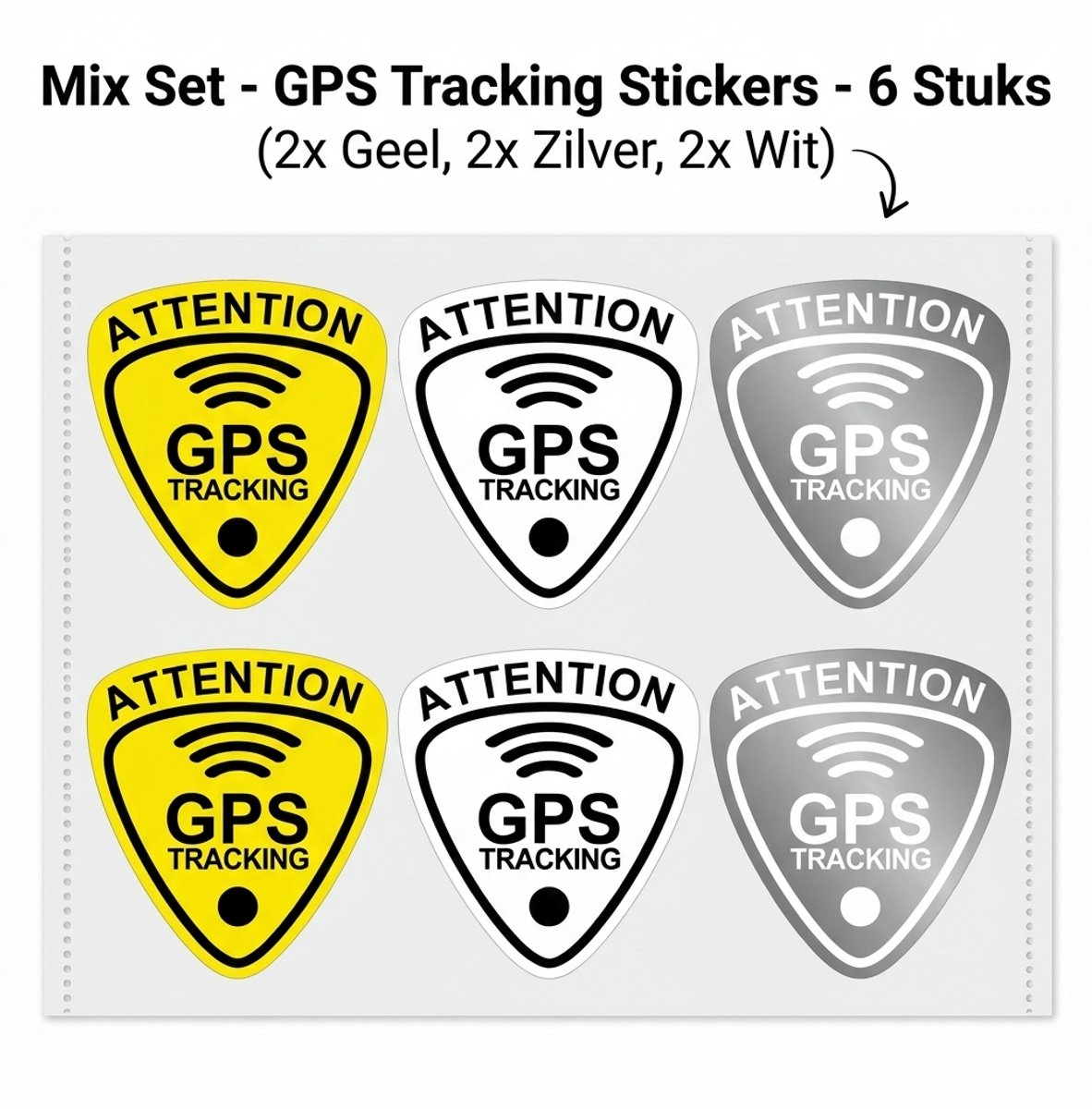 GPS Tracking Stickers Mixpakket – Set van 6 – Zwart, Geel & Wit-Zilver – 2,7 x 3 cm