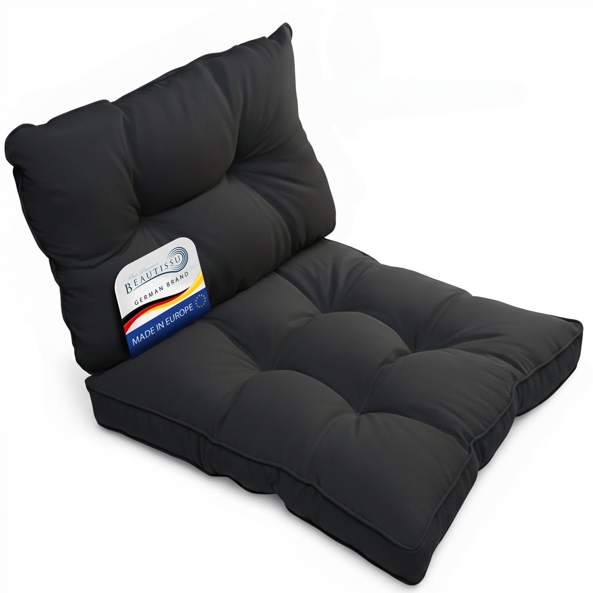 Beautissu Set Loungekussen Outdoor – Zitkussen 60x60 cm & rugkussen 60x40 cm – Weerbestendig Vlekwerend Kussens voor Tuinmeubelen voor Tuinmeubelen Loungekussens Outdoor Zitkussens Antraciet