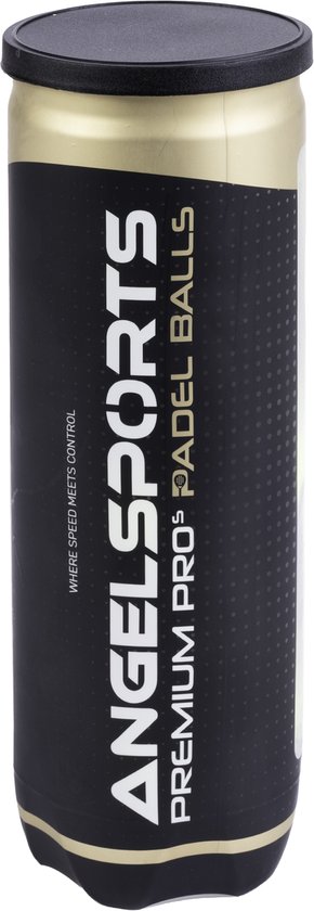 Zwarte en gouden koker met de tekst 'ANGELSPORTS PREMIUM PRO PADEL BALLS'.
