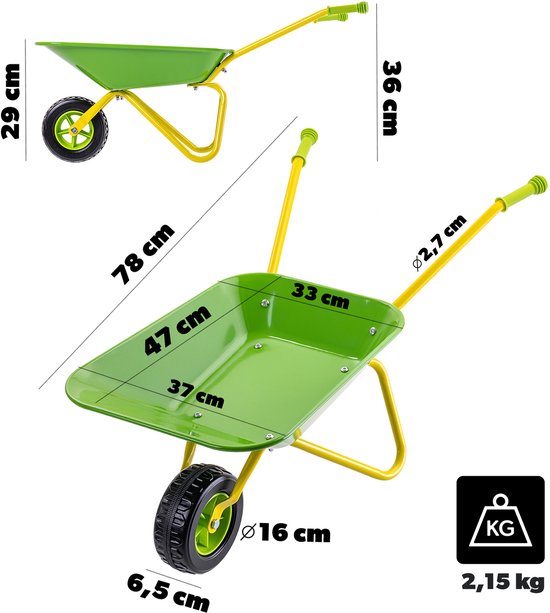 KADAX metalen kinderkruiwagen, tuinkruiwagen voor kinderen, tuingereedschap, kleine kruiwagen om mee te spelen en te helpen in de tuin, tuinspeelgoed (geel/groen) van KADAX — afbeelding 5