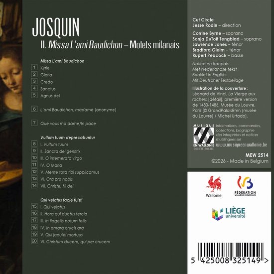 Cd-hoes met tracklist voor Desprez: Missa L'ami Baudichon - Motets Milanais, met links en rechts tekst.