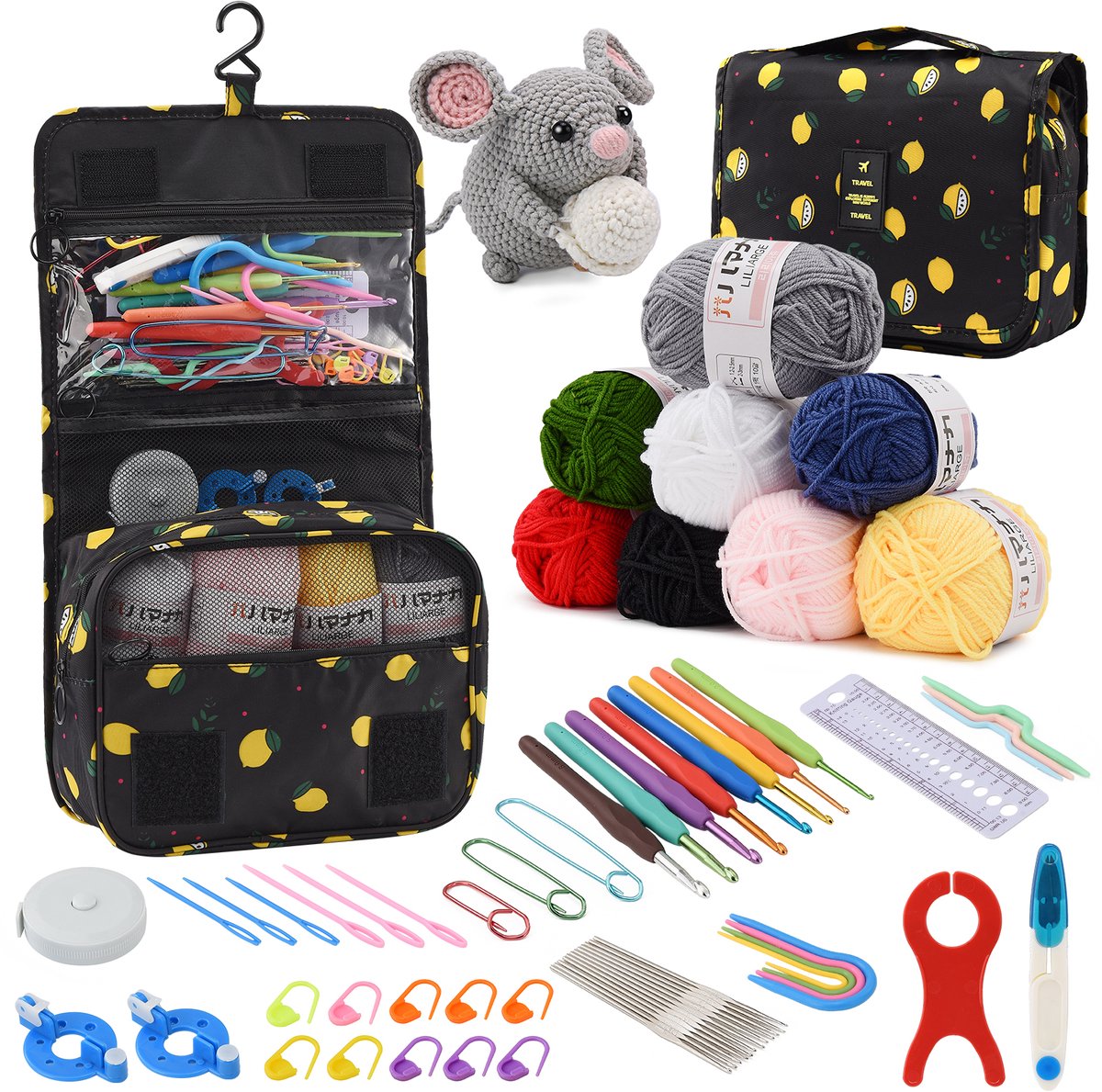 63 Delige Haaknaaldenset voor Beginners – Met 8 Wollen Bolletjes, Ergonomische Haaknaalden 2,0-6,0 mm, Zwart Opbergtas & Complete Accessoires voor DIY