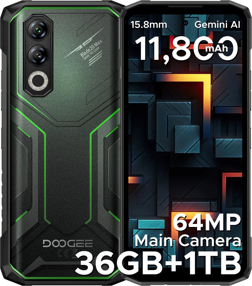 DOOGEE Blade 20 Max 4G - Robuuste Smartphone - Robuuste Telefoon - 36GB RAM + 1TB ROM /2TB TF - Helio G100 - 11800 mAh/ 33 W - 6,6 inch + 120 Hz - 3 kaartsleuven - 20MP Nachtzicht - Face ID - IP68 - Groen