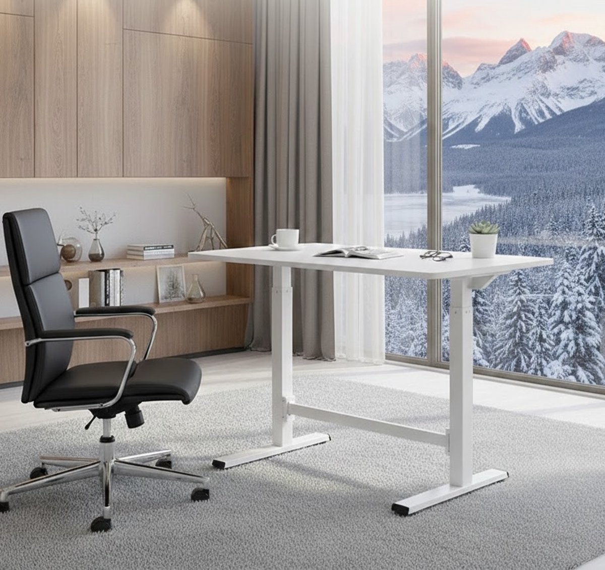 Gasveer Zit-Sta Bureau 100x60 cm – handmatig In Hoogte Verstelbaar Zonder Stroom – Mobiel Met Wielen – Ergonomisch & Compact – Wit | Casa Serena – Casa Dorada