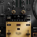 Zwarte DJ-mixer met gouden accenten, inclusief Hercules logo en 'beatmatch guide'.