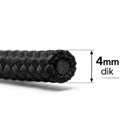 Close-up van een zwarte, ronde schoenveter met een dikte van 4mm.