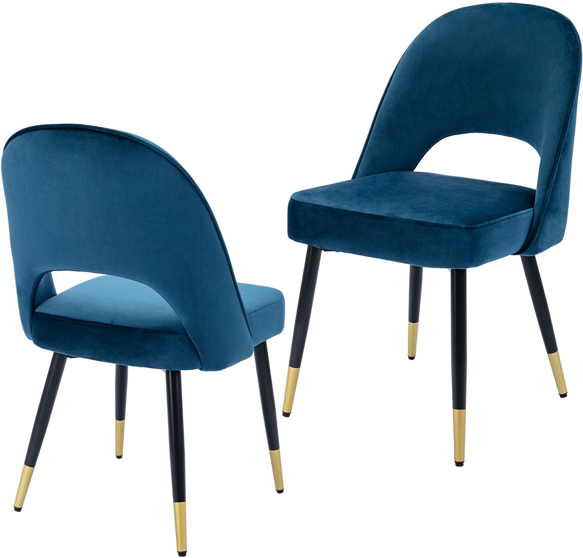 chairus Eetkamerstoel Set van 2 stoelen - Blauw - Velvet - Met Metalen Poten - Holle rug - Armloze stoelen - Gewatteerde zitting - Voor de Woonkamer en Keuken