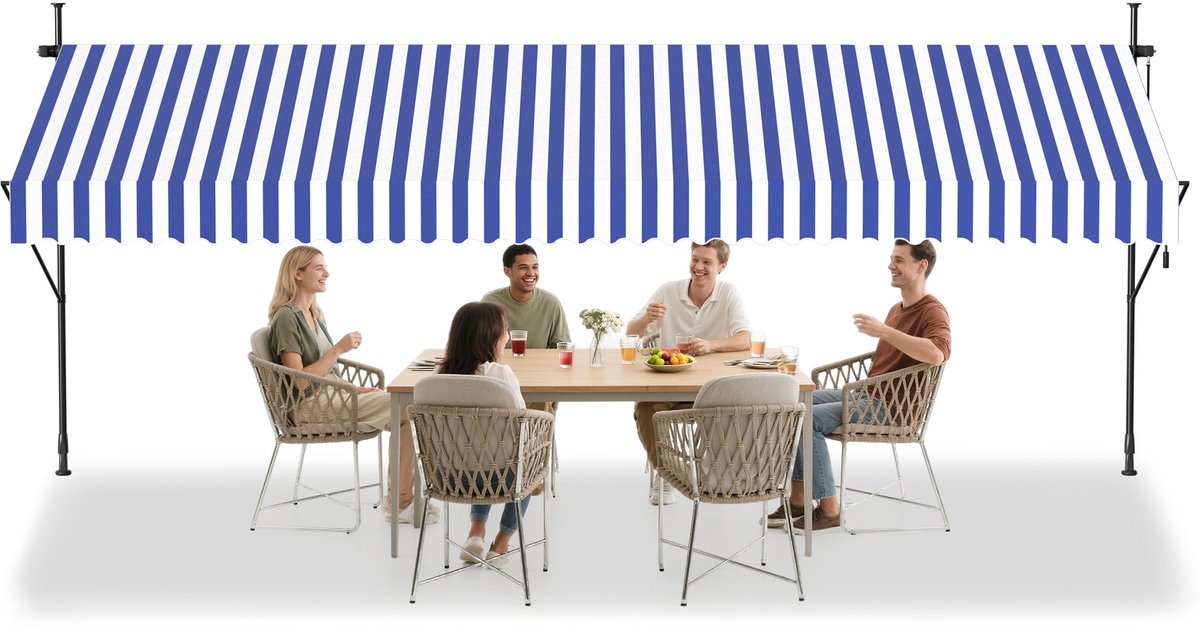 ACXIN Klemmarkies Balkonmarkies - Uitschuifbare Zonwering Handkurbel - 400x120cm Blauw-wit