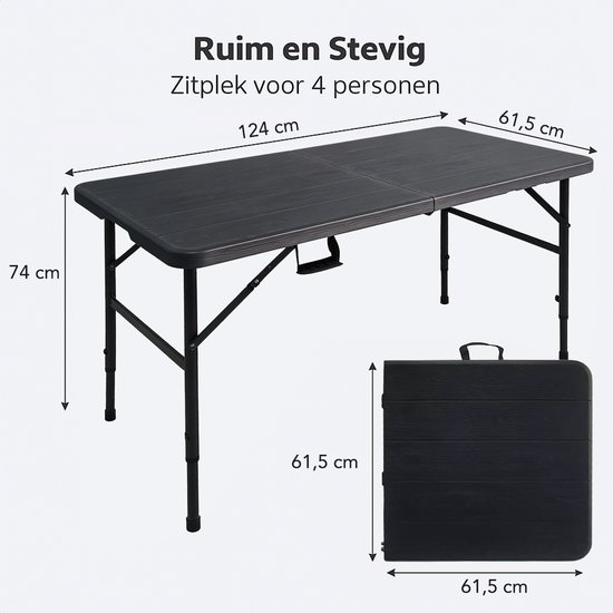 LifeGoods Inklapbare Tafel - 124x61,5 cm - Stevige Klaptafel - Weerbestendig - Inklapbare eettafel - Campingtafel - Vouwtafel voor Binnen en Buiten - Zwart houtnerf van Merkloos — afbeelding 3