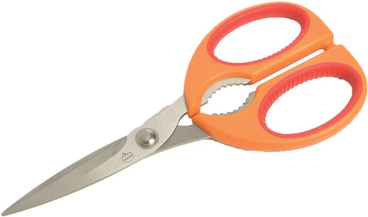 RVS Keukenschaar met Notenkraker Functie - Oranje en Framboos Kleur - Dubbelhandig