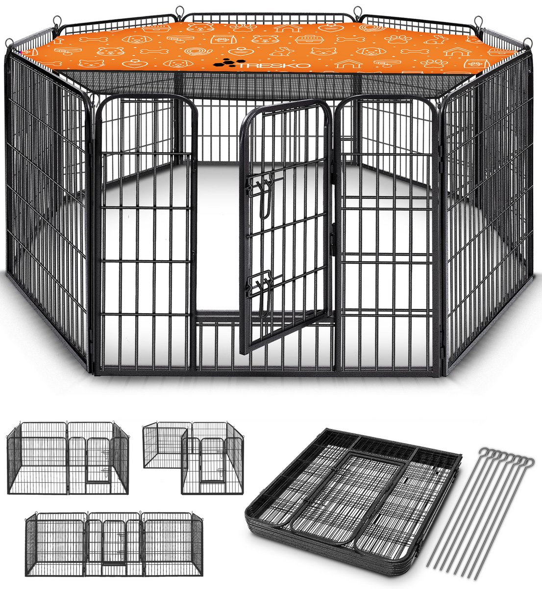 TRESKO® Welpenloopstal 80 cm hoog met dak & aardankers | Welpenausloop 8-delig | Opvouwbare hondenloopstal met deur | Geen gereedschap nodig voor montage | Dierenloopstal honden weerbestendig