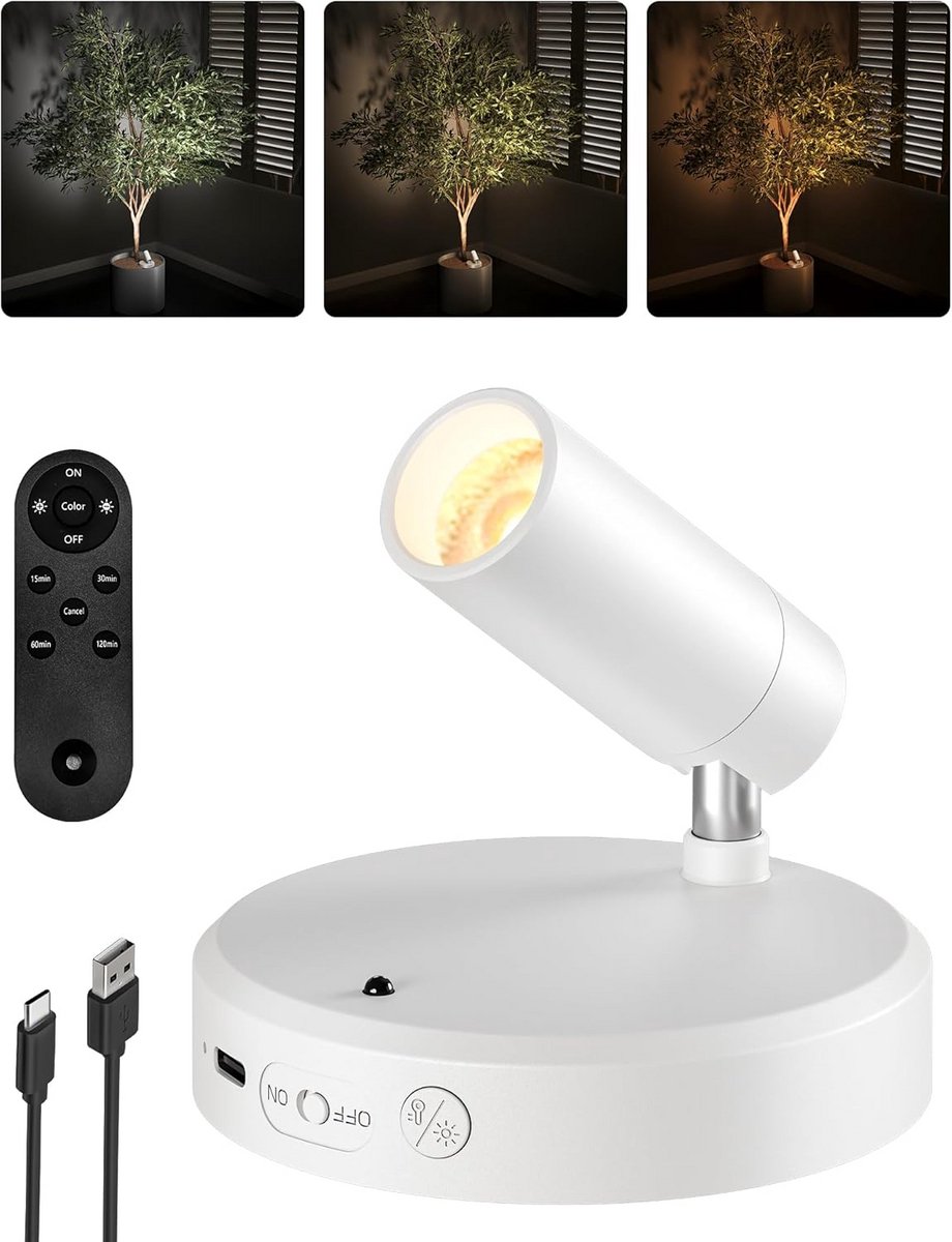 Oplaadbare Draadloze Wandspot met Afstandsbediening - Dimbaar Licht met 3 Kleuren