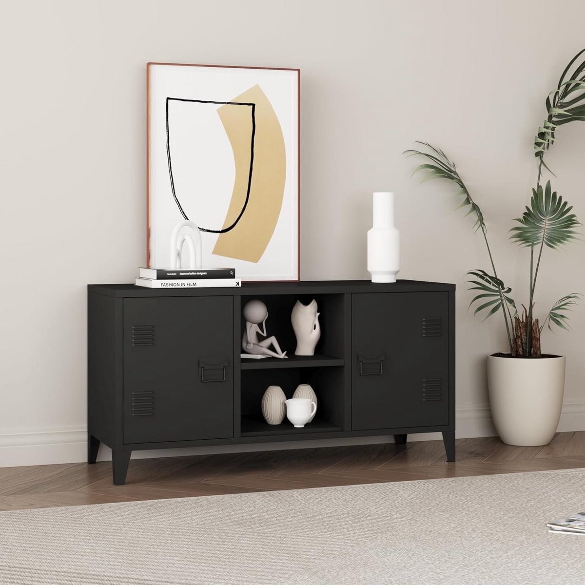 Stijlvolle TV Kast Laag Dressoir met 2 Deuren en Metalen Frame
