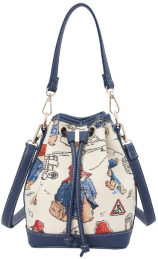 Crème gekleurde emmer tas met Paddington Beer print en donkerblauwe details.