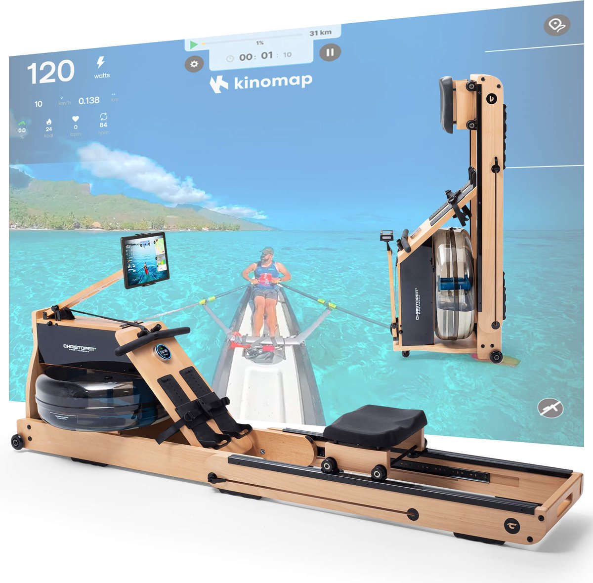 Roeitrainer WP 5000 voor thuis opvouwbaar - roeimachine van hout, hybride water-magneetsysteem, Kinomap, Bluetooth