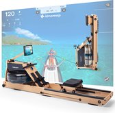 Houten roeitrainer met waterweerstand, voor een roeier op een tropisch meer, met Kinomap weergave.