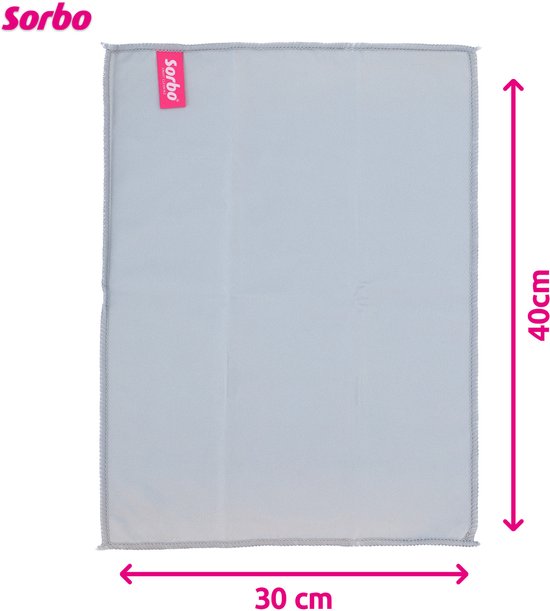 Een plat gevouwen lichtgrijs microvezeldoek van 30x40cm met een roze label met het Sorbo logo.