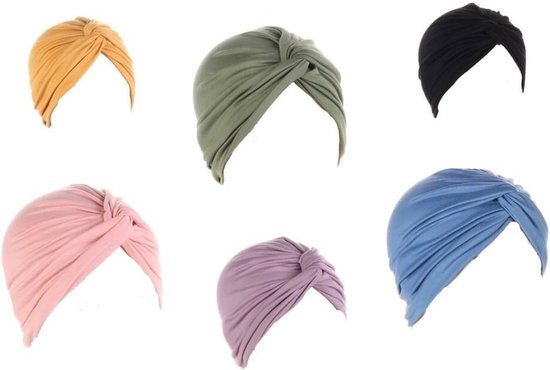 Zes tulbanden met gedraaide knoop: geel, groen, zwart, roze, lila en blauw.