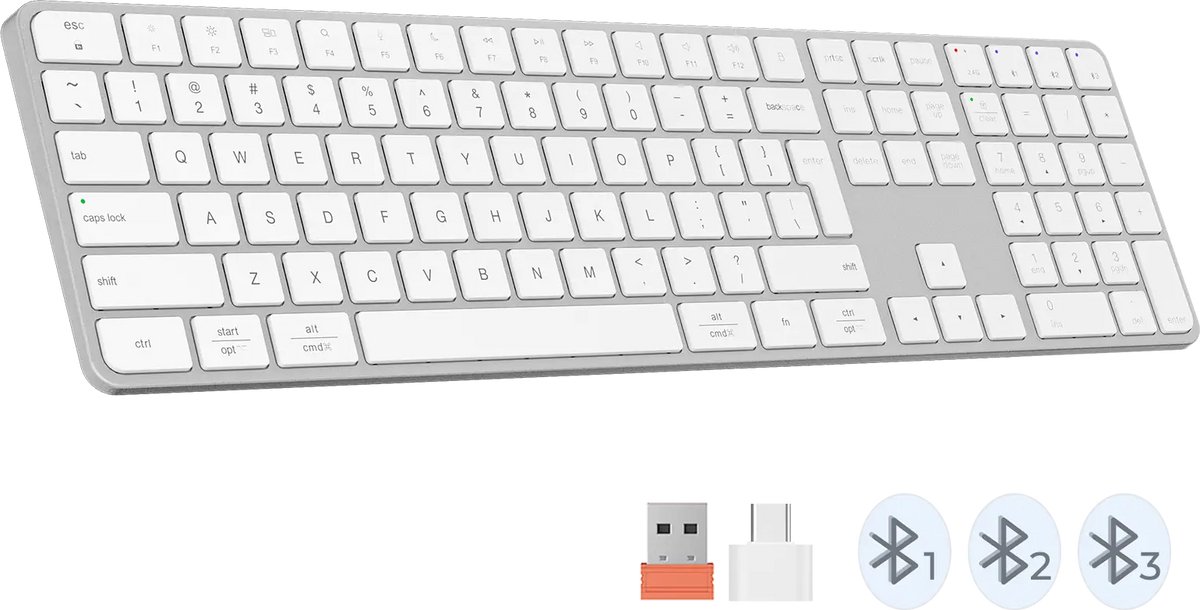 Meetion iKey K230MW - Draadloos Toetsenbord - 109-toets Full-Size - 2.4 GHz + Bluetooth - Type-C Oplaadbaar - Stil Scissor-Switch - Mac / Windows - Wit