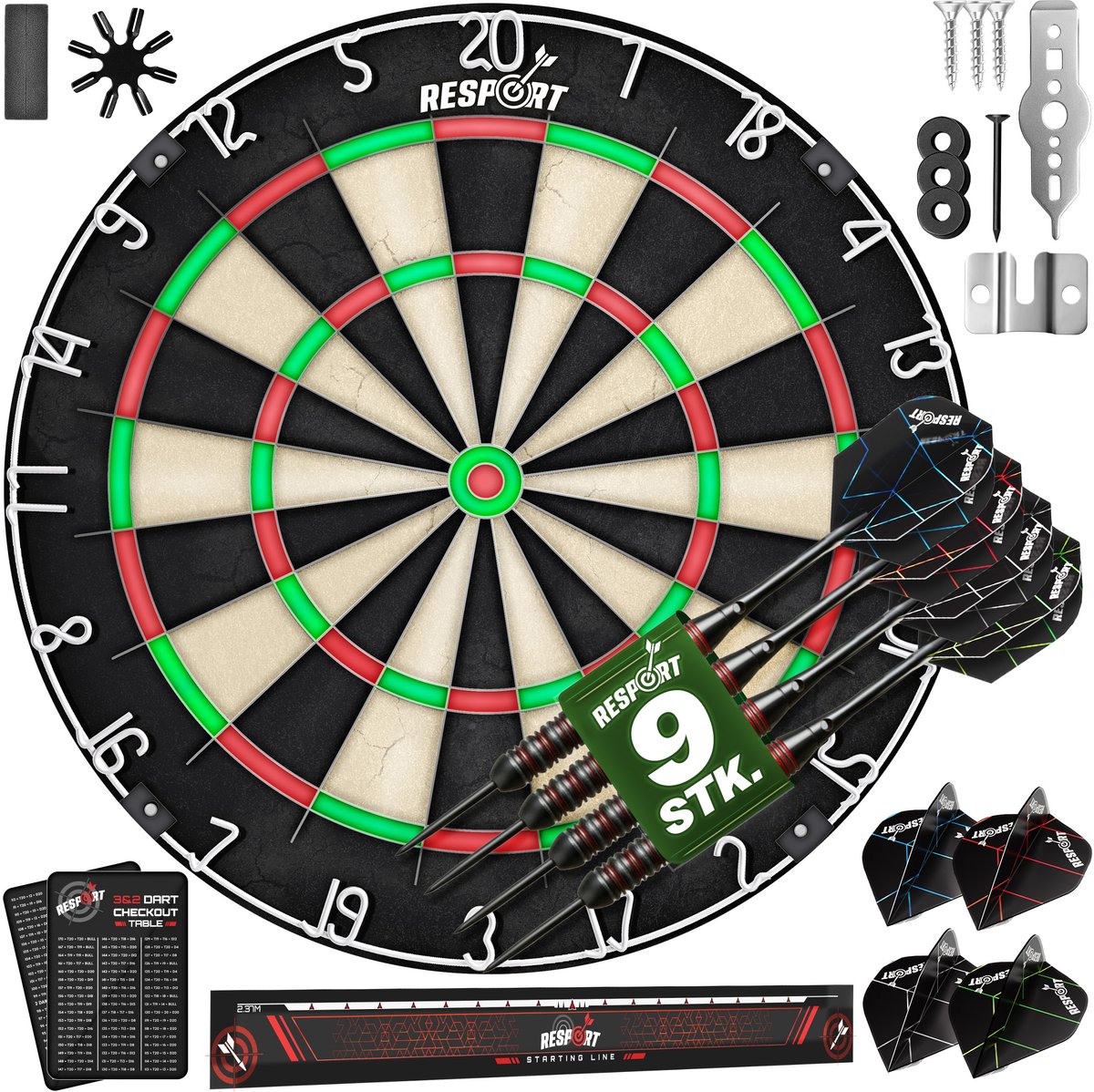 RE:SPORT® Sisal Premium Dartboard XXL set met 9 professionele dartpijlen + 24 Pro flights + accessoires | Steeldart dartbord incl. montageset | stalen dartbord met pijlen metalen punt startlijn