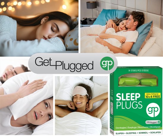 Collage van vijf beelden: vrouwen slapend in bed, een stel in bed, en een groene verpakking van "SLEEP PLUGS".