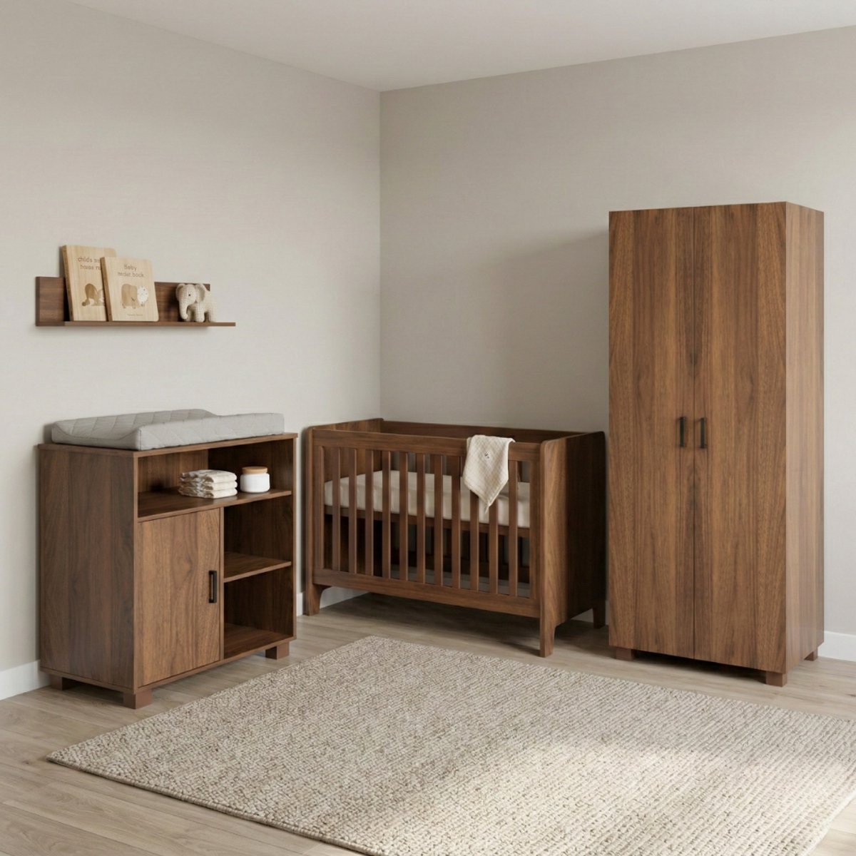 Born Lucky Roan Babykamer 3 Delig Compleet – Baby bed 60x120 cm – Commode – Kast – Walnut