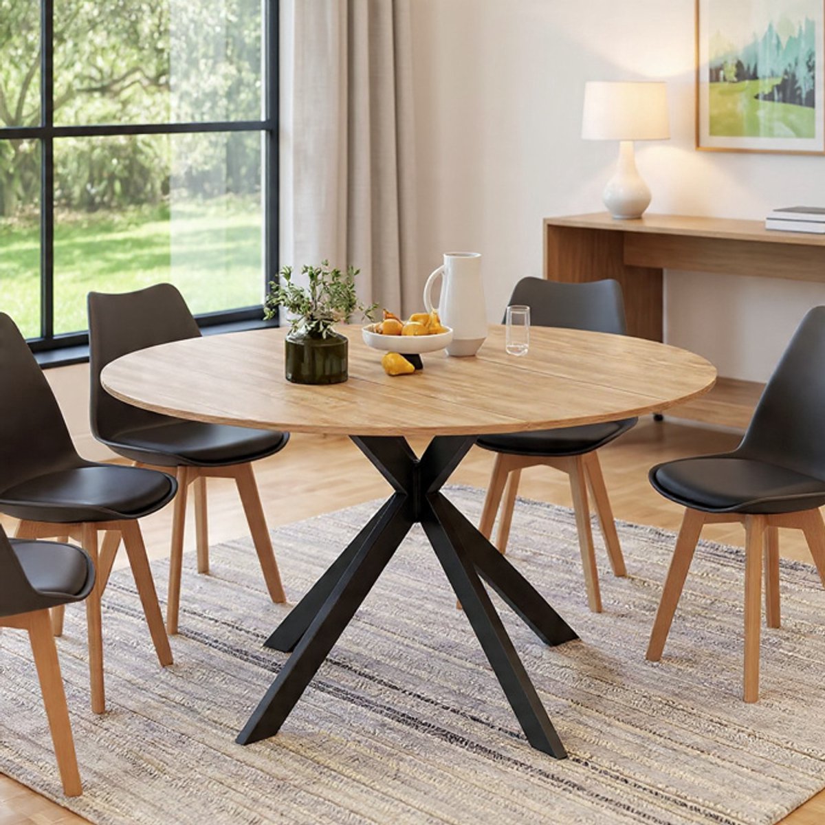 Uittrekbare Ronde Eettafel Serenaa Luxe – 110 tot 150 cm – 4 tot 8 personen – Spider Pool – Houtlook & Zwart – Modern Design Eettafel-Casa Serena – 150 cm – Casa Dorada