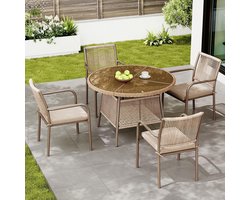 BLACKCOLORS Moderne rieten tuinmeubelset, ronde glazen tafel + 4 stoelen met armleuningen, ijzeren frame, geschikt voor terras/balkon/terras