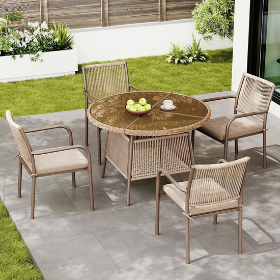 BLACKCOLORS Moderne rieten tuinmeubelset, ronde glazen tafel + 4 stoelen met armleuningen, ijzeren frame, geschikt voor terras/balkon/terras
