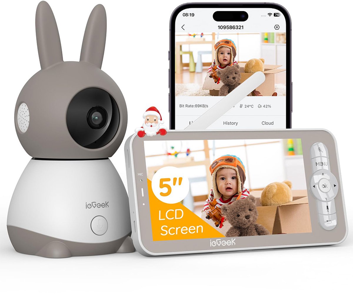 ieGeek Babyfoon met Camera - 2K HD camera - Premium Baby Monitor 5 inch Monitor- & Gratis App - Incl. Geluidsdetectie - Voedingsalarm en Temperatuursensor