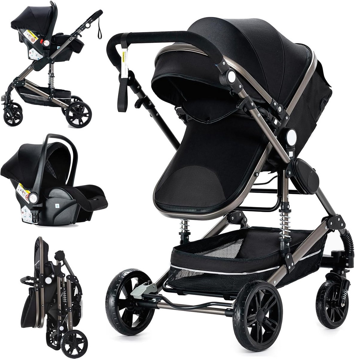 3-in-1 Combi Kinderwagen Set: Opvouwbaar Reiswieg en Autostoel Compatibel