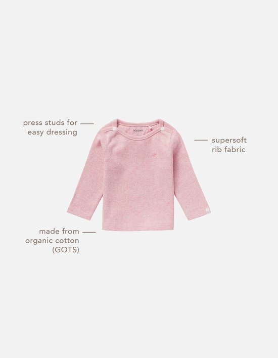 Roze, ribgebreide longsleeve met drukknoopjes, van biologisch katoen.