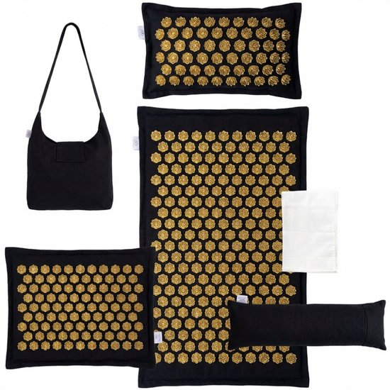 Jaraleesa® XL Spijkermat – 6-Delige ECO Acupressuur Mat Set Met Kussen – Massagemat – Shakti Mat – Spijkermat voor Stressverlichting, Spierherstel, Meditatie, Rugpijn & Acupunctuur – Incl. Draagtas & E- boek - Zwart