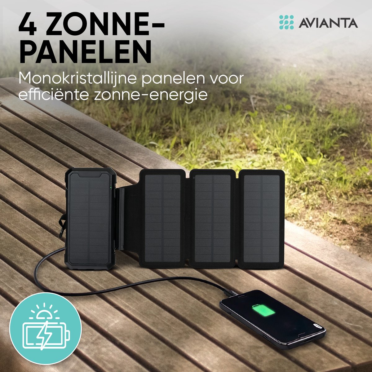 Avianta® Solar Powerbank 30.000 mAh met 3 Zonnepanelen - afbeelding 2