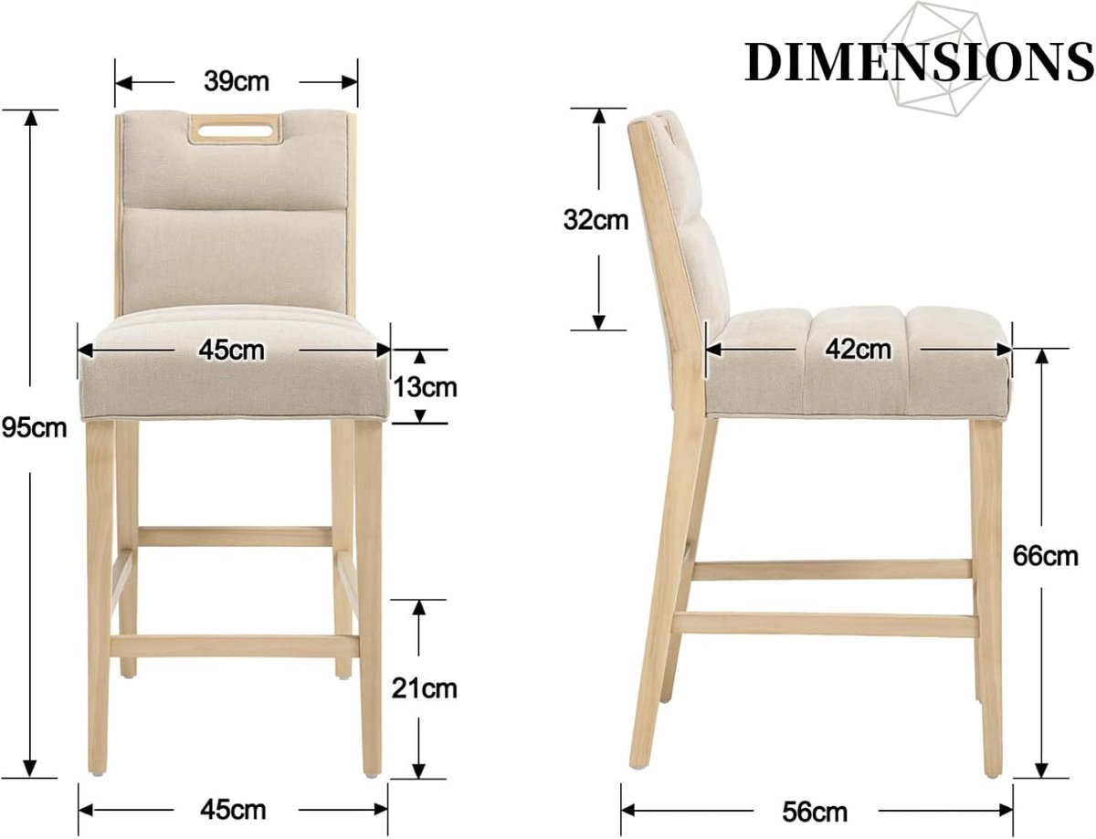 Barkruk Set van 2 House&Garden Linnen Barstoelen met Rugleuning – Bistrokruk Houten Frame voor Keuken, Keukeneiland, Eettafel – Bruin – Moderne Design Barstoel Comfortabel & Duurzaam