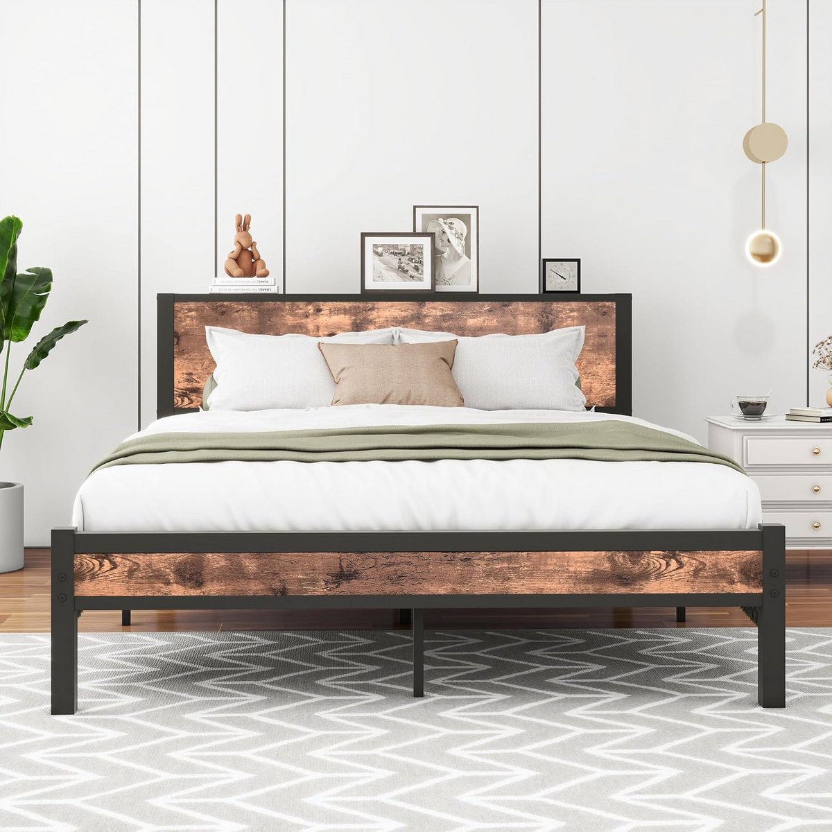 Tweepersoons bedframe 140 x 200 cm zwart bruin metalen bed zonder matras lattenbodem voor kleine ruimtes met hoofd en voeteneinde oval bed frame logeerbed
