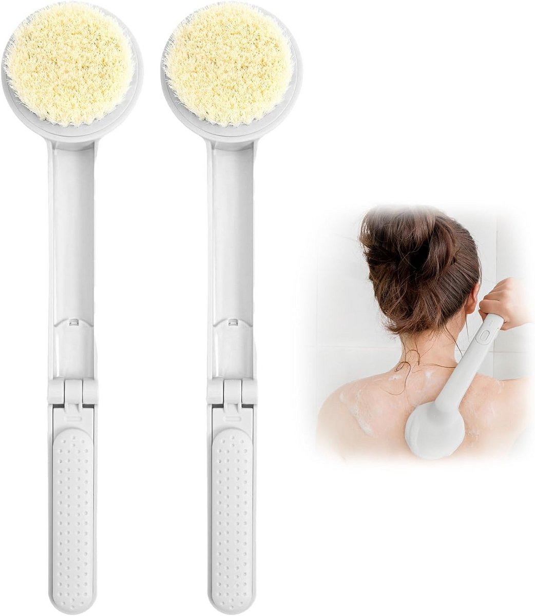 Vouwbare Rugborstel met Lang Handvat - 2-Pack Witte Doucheborstel voor Handige Reiniging