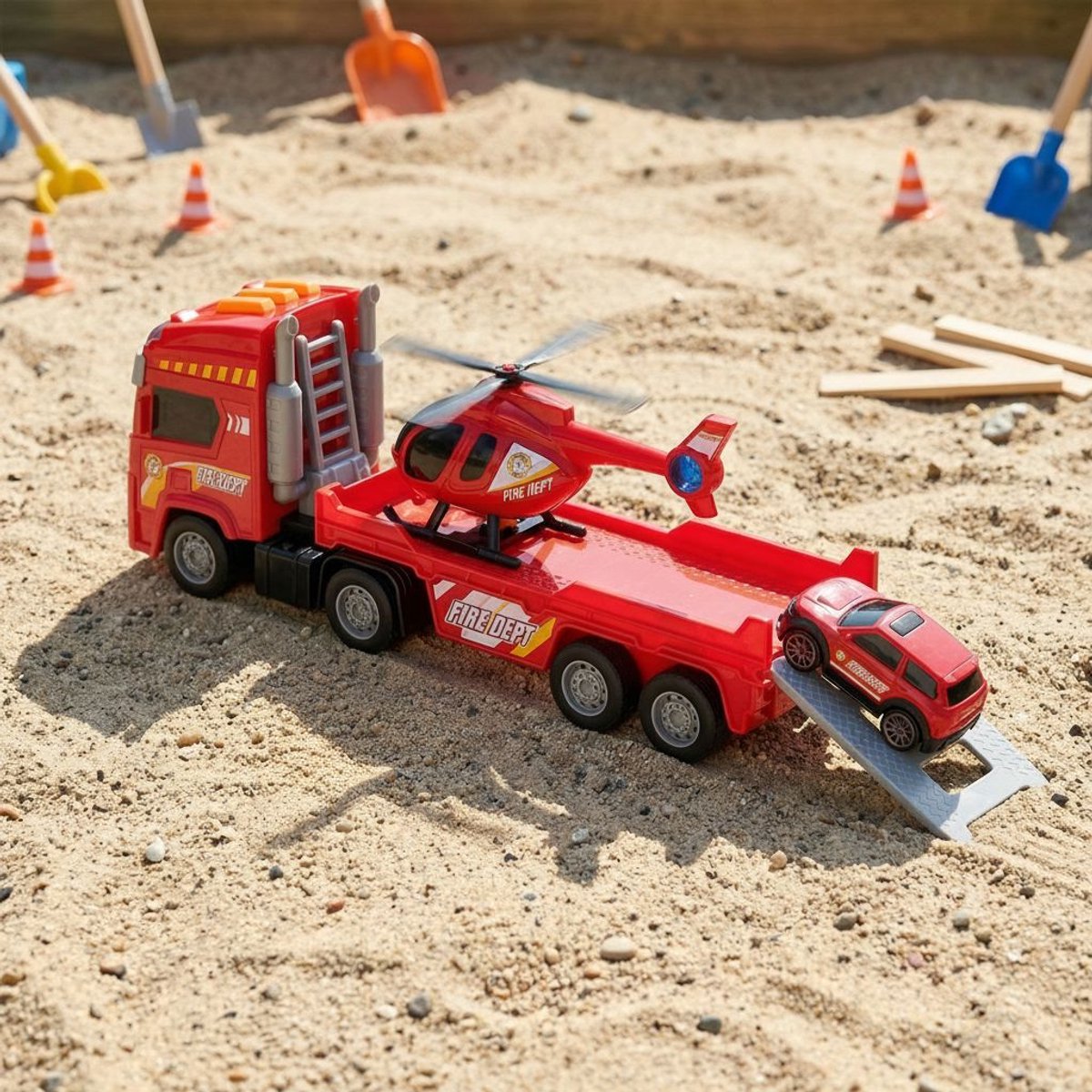 Eddy Toys Brandweerwagen Set 3 Stuks - Fire Truck Set met Oplegger, Helikopter en Brandweerauto - Speelgoed Auto, Helikopter en Brandweerauto Met Licht en Geluid - Fire Dept - Rood — afbeelding 4