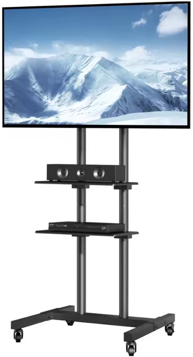 Verrijdbare TV Standaard op Wielen - Voor 32 t/m 70 inch - In Hoogte Verstelbaar - Met 2 Media Planken - VESA Max 400x600 - Draagvermogen 40kg - Zwart