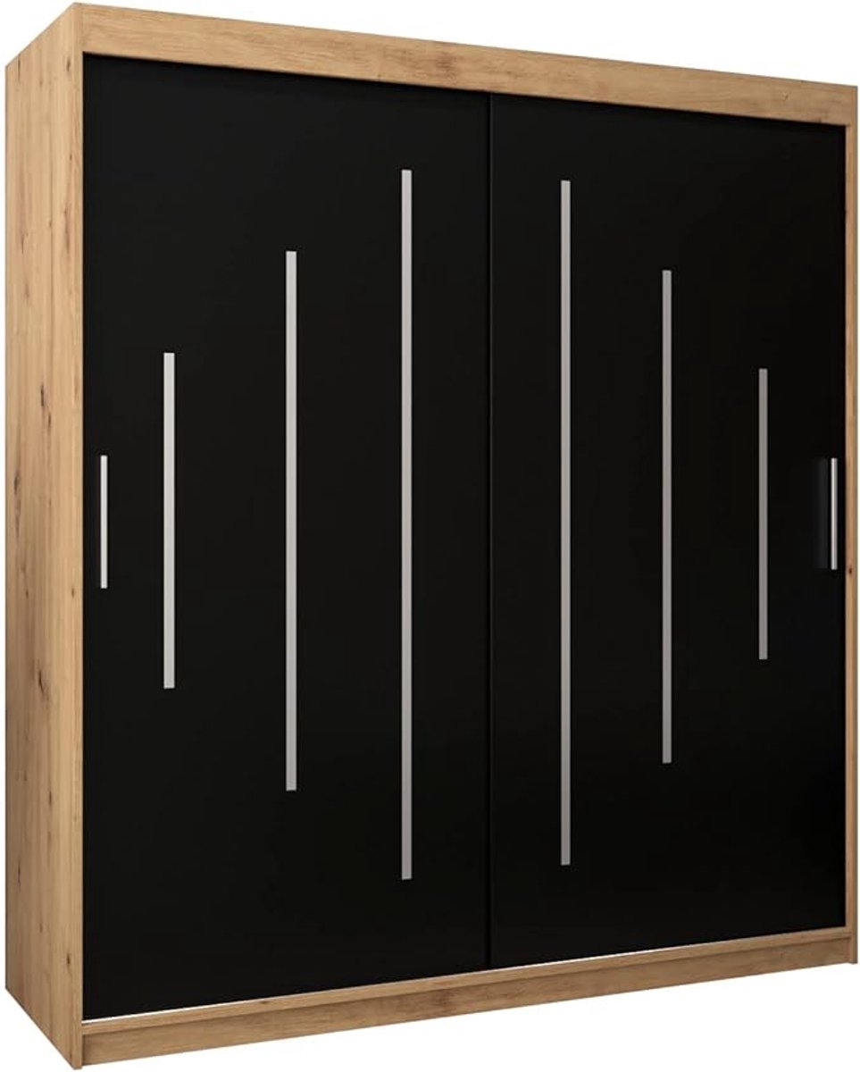 Schuifdeurkast met kledingstang en legplank 180x200x62 cm – Modern Artisan Eiken + Zwart design, krasbestendig, ruime slaapkamer- en woonkameroplossing – ABKANTOOR