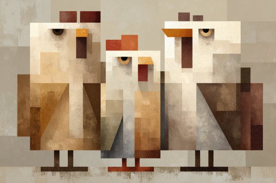 K&C Art (Aluminium schilderij) 60x40cm | Abstract geometrische kippen - dier - vogel - bruin - beige - wit - rood - oranje - kunst | Woonkamer - slaapkamer - hal - kantoor | Foto schilderij print op dibond - wanddecoratie - muurdecoratie - wall art