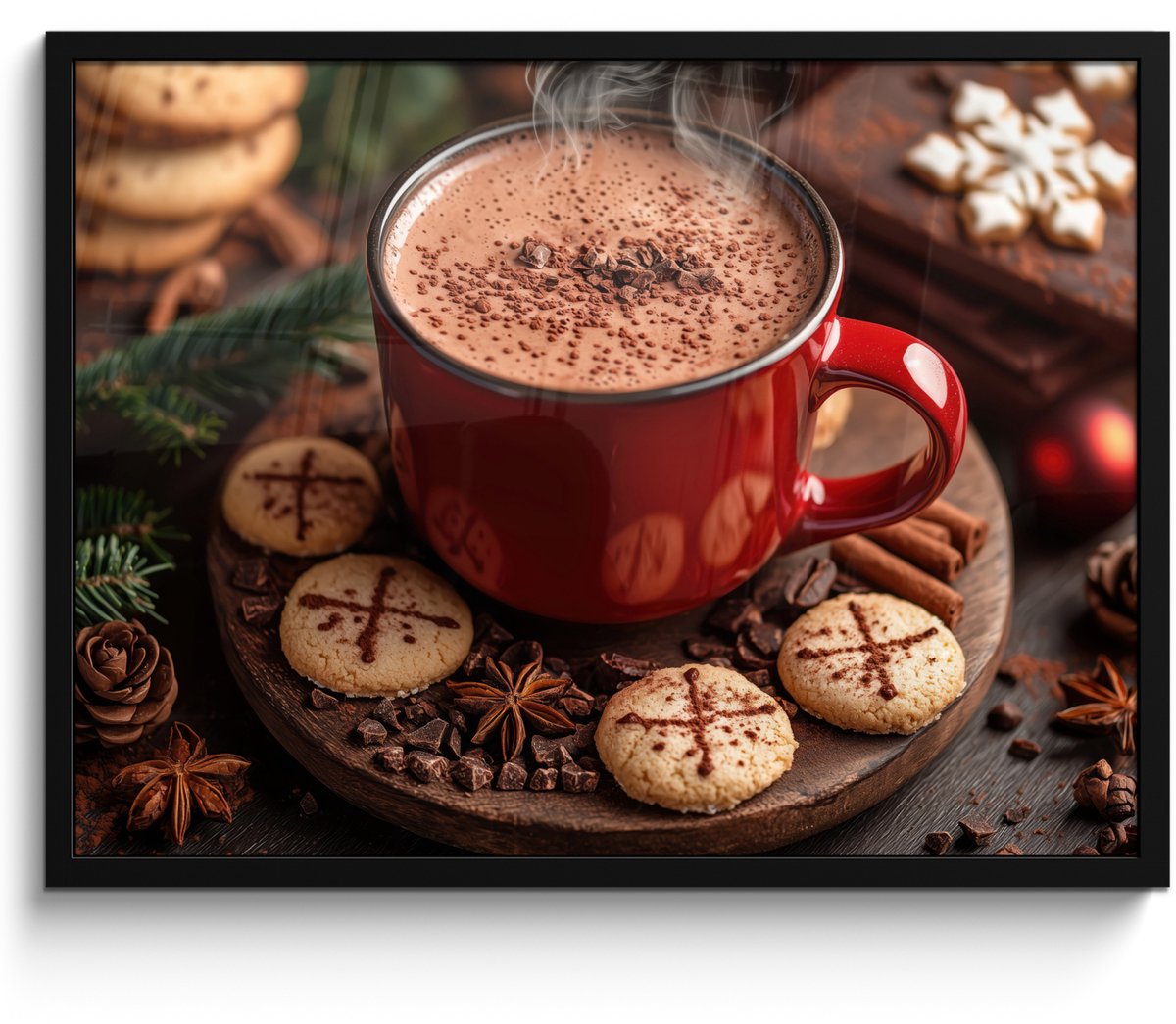 FrameYourWall Poster in lijst - Fotolijst 70x50 cm - Posters - Chocolademelk - Mok - Winter - Kerst - Gezelligheid - Posterlijst zwart - Decoratie - Wanddecoratie woonkamer - Muurdecoratie slaapkamer - Kerstversiering - Kerstdecoratie voor binnen - Kerstmis Kerstmok - Winter