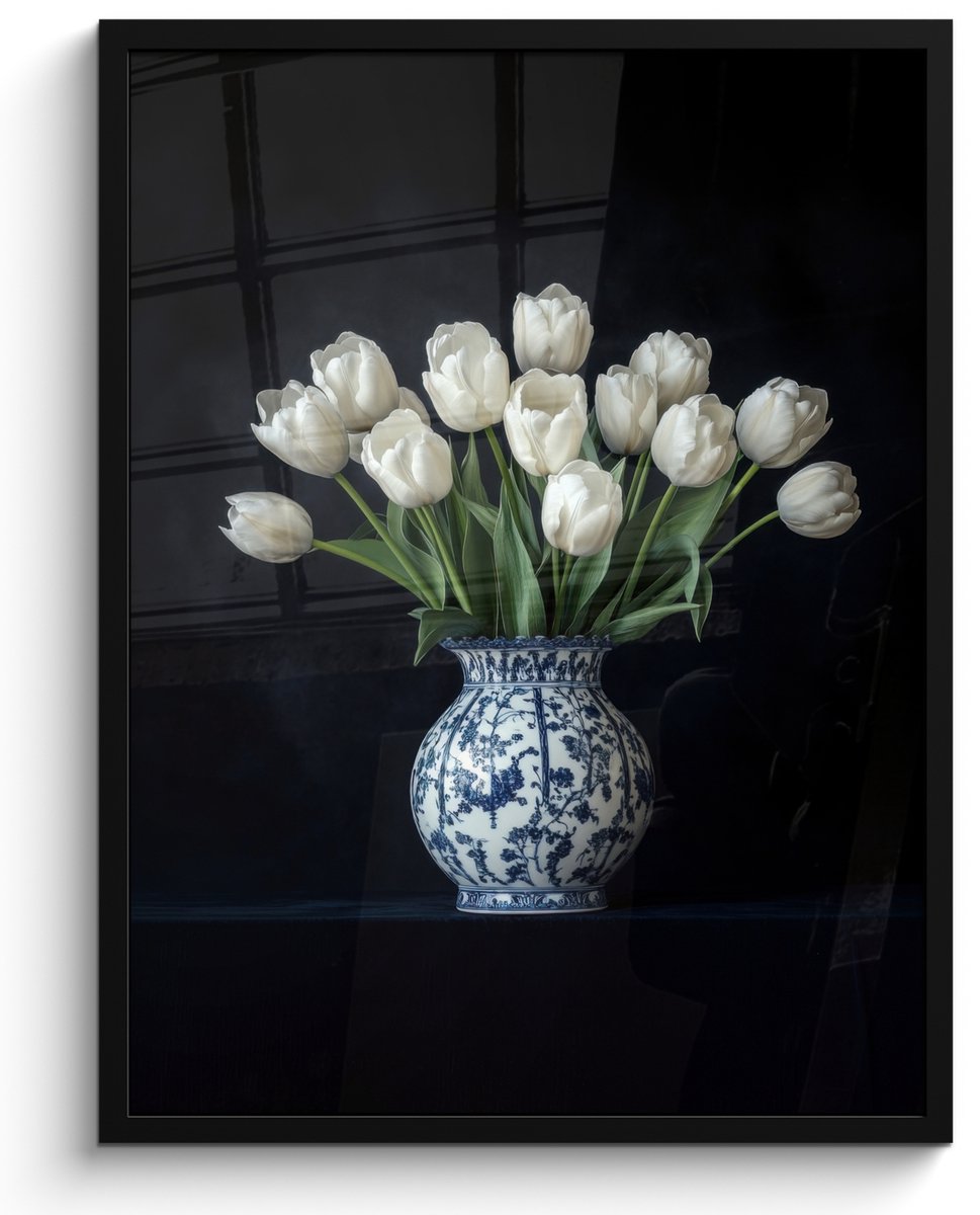 FrameYourWall Poster in lijst - Fotolijst 50x70 cm - Posters - Wit - Bloemen - Tulpen - Vaas - Posterlijst zwart - Decoratie - Wanddecoratie woonkamer - Muurdecoratie slaapkamer