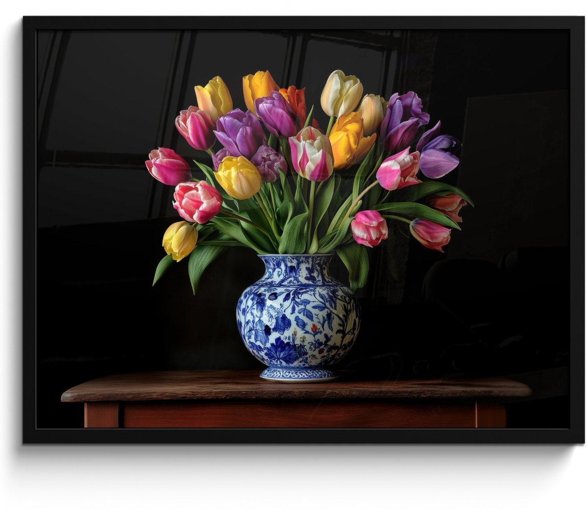 FrameYourWall Poster in lijst - Fotolijst 70x50 cm - Posters - Tulpen - Kleuren - Hout - Vaas - Posterlijst zwart - Decoratie - Wanddecoratie woonkamer - Muurdecoratie slaapkamer Tulpen - Kleurrijk
