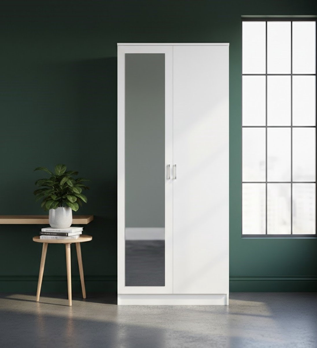 Elegante 2-Deurs Kledingkast met Spiegel – Moderne Witte Draaideurkast met Softclose, Veel Opbergruimte en Compact Ontwerp – Ideaal voor Slaapkamer, Kinderkamer of Kleine Ruimtes 76x47x180 cm House&Garden