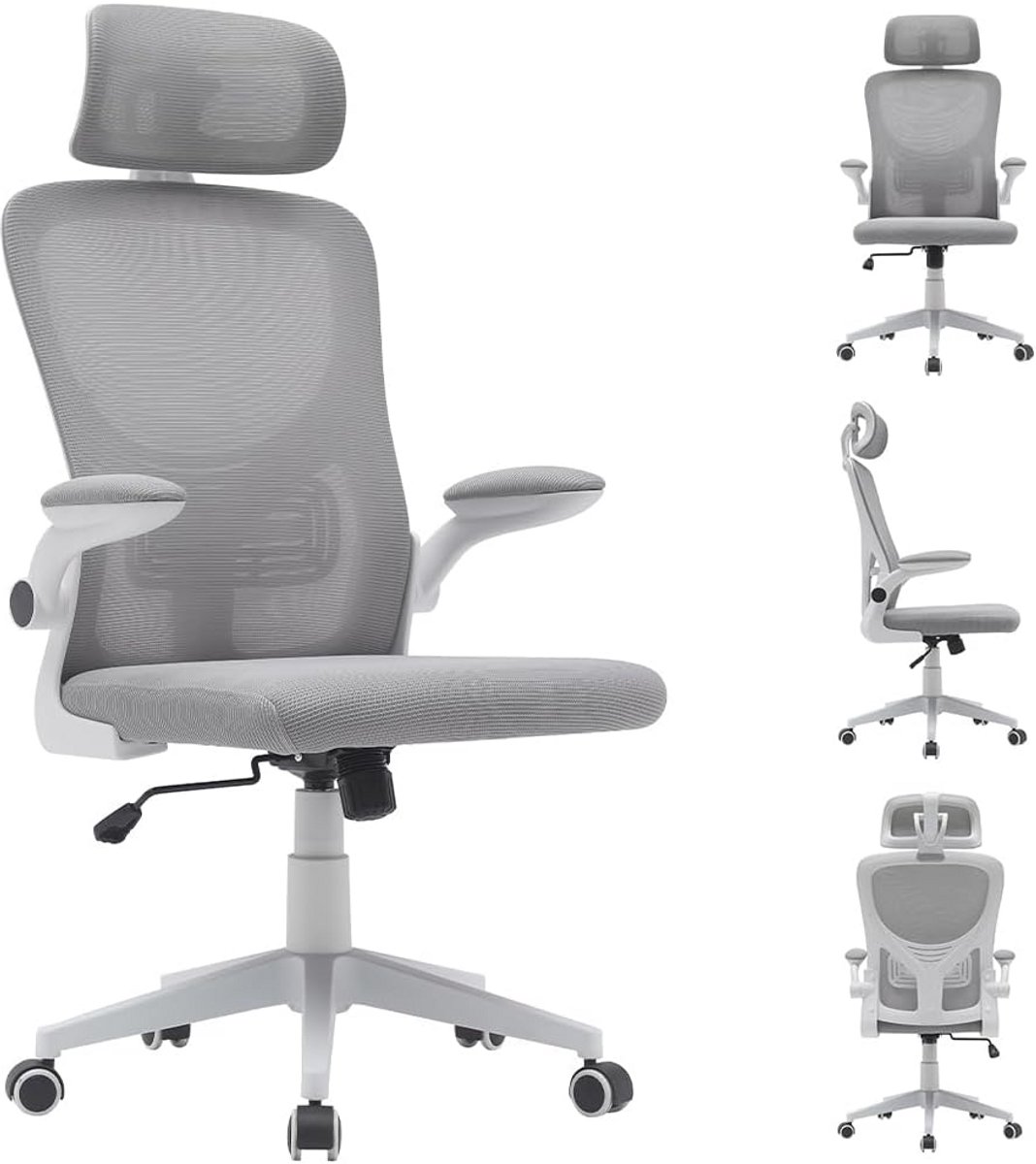 Ergonomische Bureaustoel Grijs met Lendensteun, Hoofdsteun en Ademende Stof | In Hoogte Verstelbaar