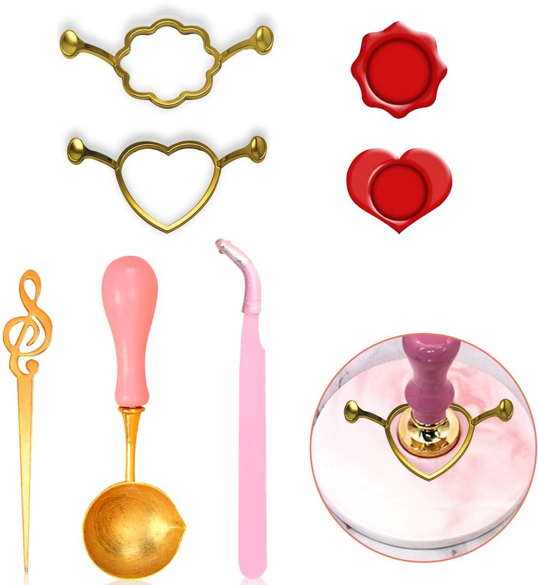Waxzegel Stempel Set Hars Hart en Bloem Motieven Inclusief Smeltlepel en Pincet