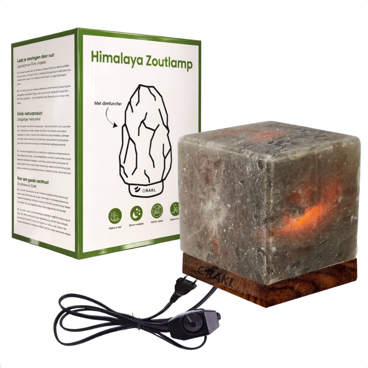 Orakl Luxe Dimbare Himalaya Zoutlamp Cube - 2-4 KG en ca. 18 cm - Nachtlamp - Tafellamp - Cadeauverpakking Grijs