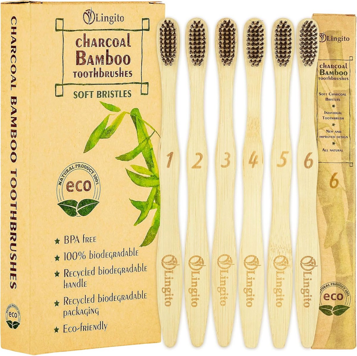 Lingito 6-Pack Bamboe Tandemborstels Met Houtskool - BPA-vrij & Composteerbaar