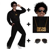 Partyxclusive 5-Delig Disco Kostuum Zwart Shirt/Broek/Pruik/Bril/Ketting Disco Foute Party Outfit Heren Retro Verkleedkleding Carnavalskleding Heren - Zwart - Polyester - L
